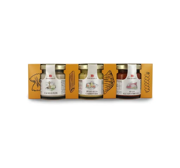 brezzo-i-sughi-della-cucina-romana-tris-cacio-pepe-amatriciana-carbonara image 1