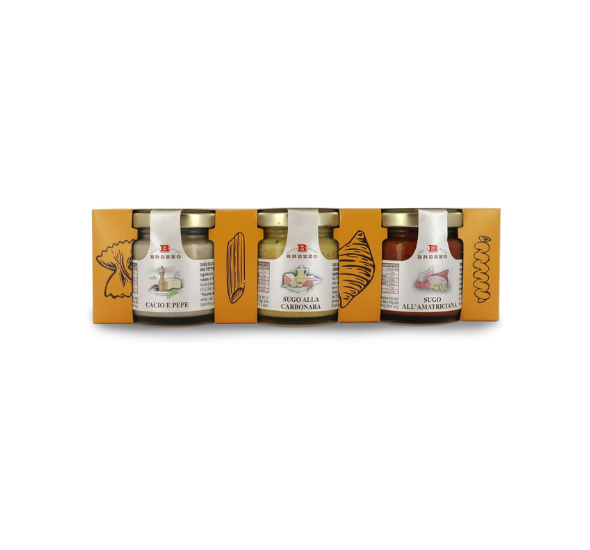 brezzo-i-sughi-della-cucina-romana-tris-cacio-pepe-amatriciana-carbonara image 1